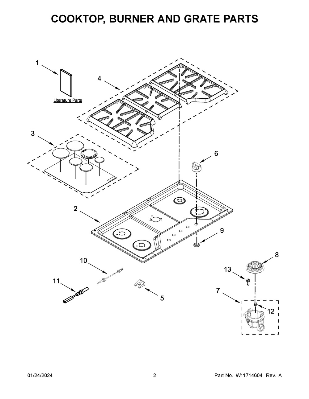 Cooktop, Burner And Grate Parts Diagram and Parts List for MGC9536DS06  Maytag Cooktop