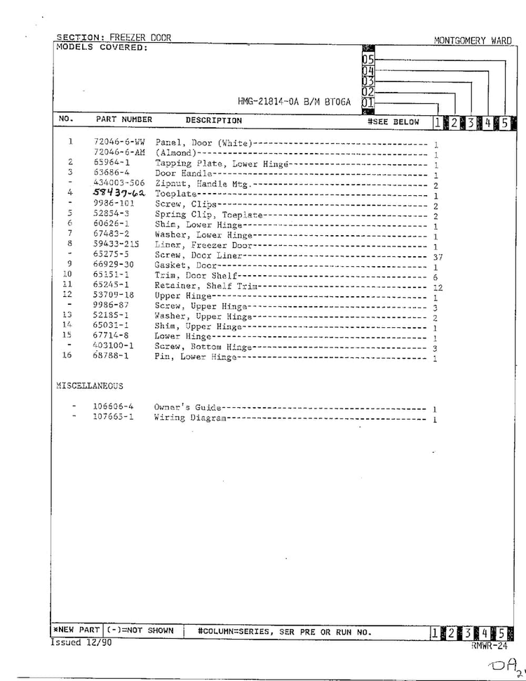 Freezer Door Page 2 Diagram and Parts List for 21814-0A  Admiral Refrigerator