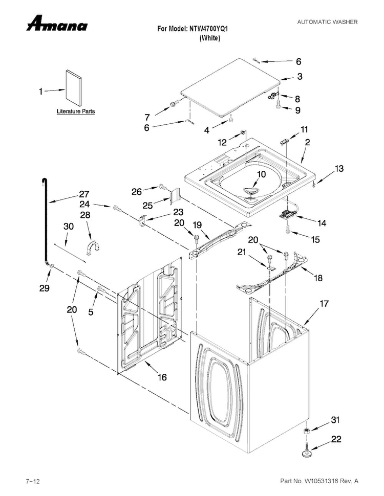 Top And Cabinet Parts Diagram and Parts List for NTW4700YQ1  Amana Washer