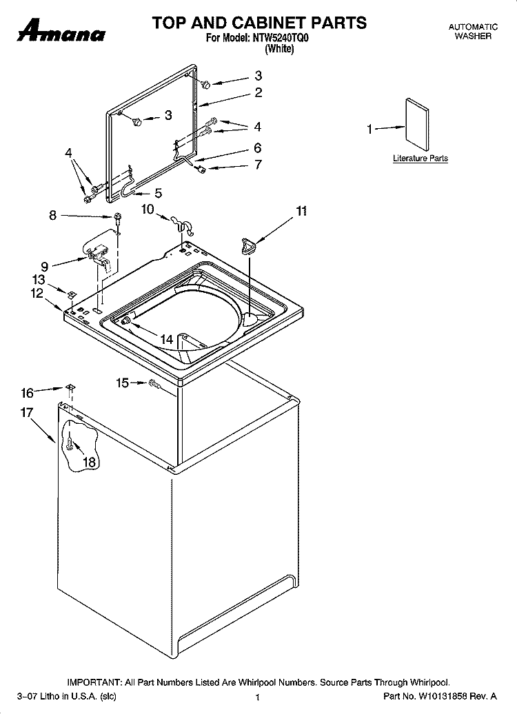 TOP AND CABINET PARTS Diagram and Parts List for NTW5240TQ0  Amana Washer