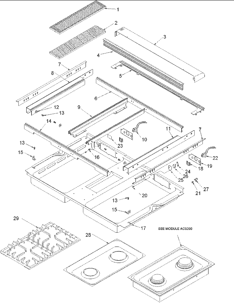M / TOP (ACL200 GRILL FOR ALL AGSD'S) Diagram and Parts List for AGDS902W* P1133392N Amana Cooktop