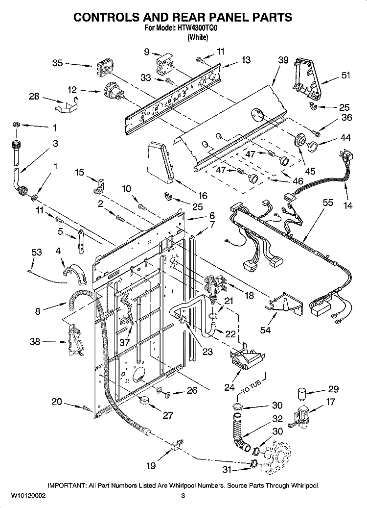 CONTROLS AND REAR PANEL PARTS Diagram and Parts List for HTW4300TQ0  Magic Chef Washer