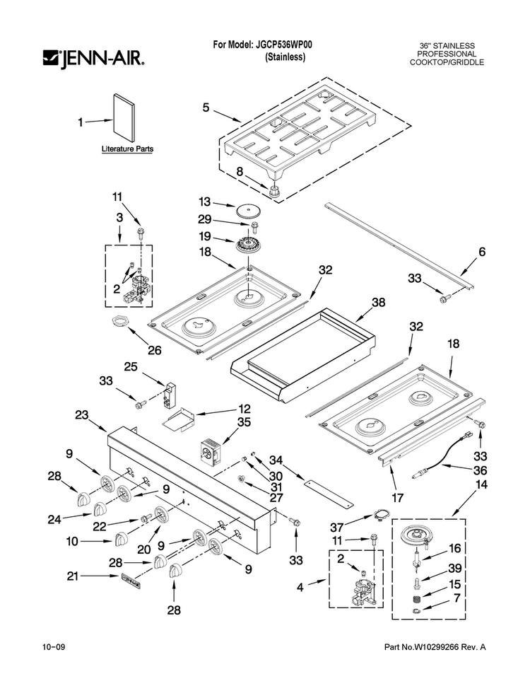 Cooktop, Burner And Grate Parts Diagram and Parts List for JGCP536WP00  Jenn-Air Cooktop