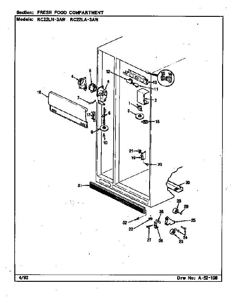 Fresh Food Compartment Diagram and Parts List for RC22LN-3AW CS32A Magic Chef Refrigerator