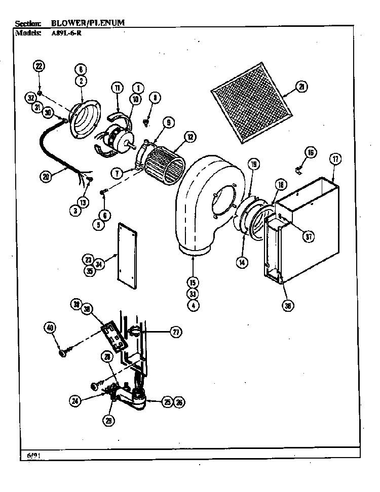 Blower Plenum Diagram and Parts List for A89L-6-R  Admiral Cooktop