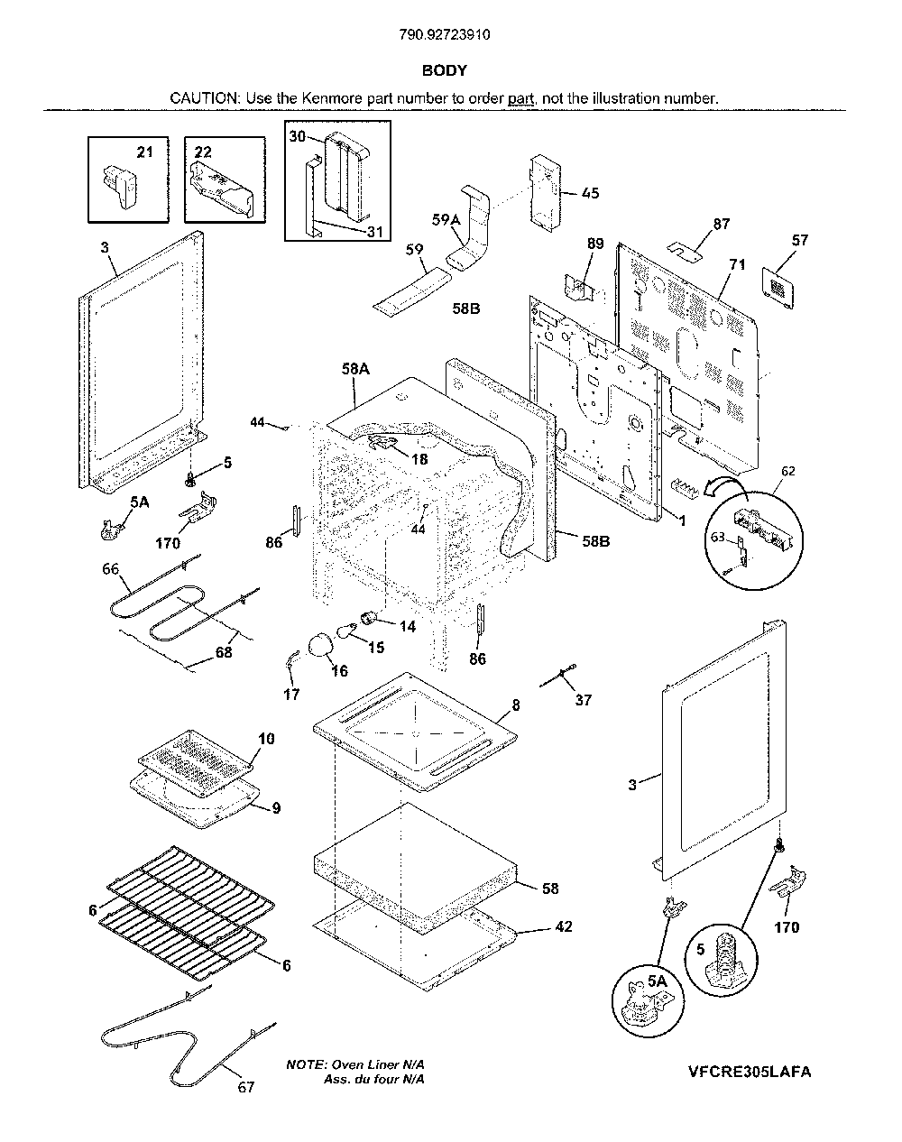 Body Diagram and Parts List for 79092723910  Kenmore Range