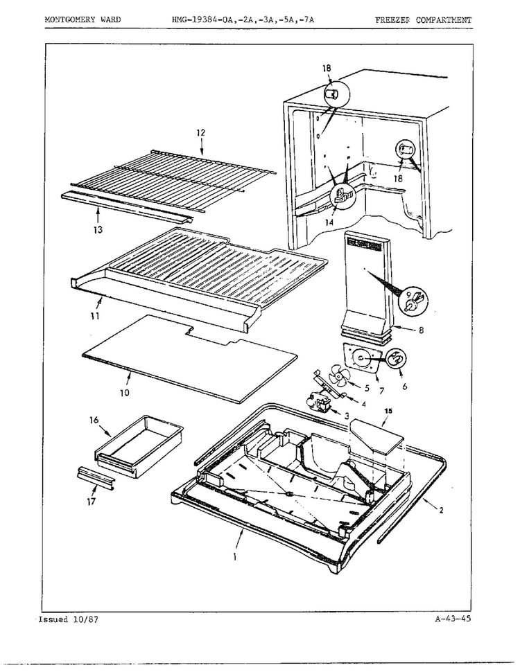 Freezer Compartment Diagram and Parts List for 19384A  Admiral Refrigerator