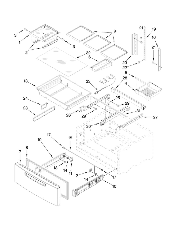Shelf Parts Diagram and Parts List for MFX2571XEW0  Maytag Refrigerator