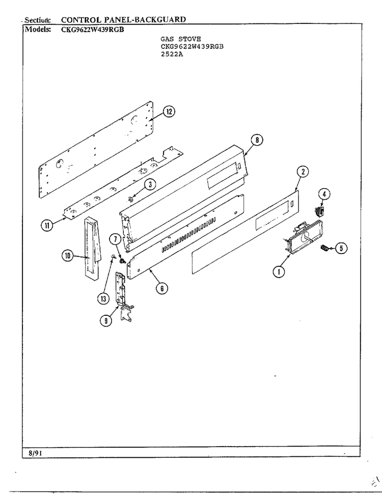 Control Panel-backguard Diagram and Parts List for 2522A  Hardwick Range