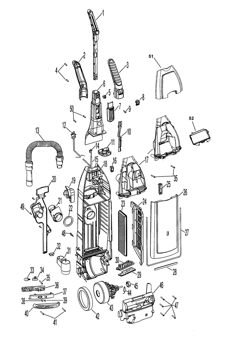 Motor, Handle, Hose, Outerbag Diagram and Parts List for U6476-900  Hoover Upright Vacuum