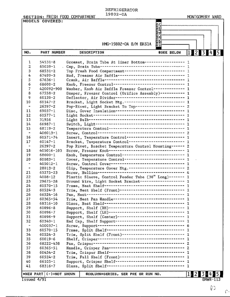Fresh Food Compartment Page 2 Diagram and Parts List for 19802-0A  Admiral Refrigerator
