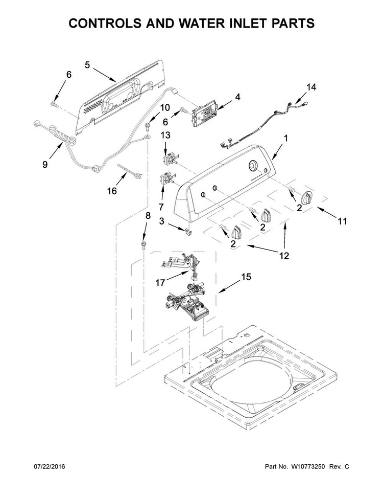 Controls And Water Inlet Parts Diagram and Parts List for NTW4635EW0  Amana Washer
