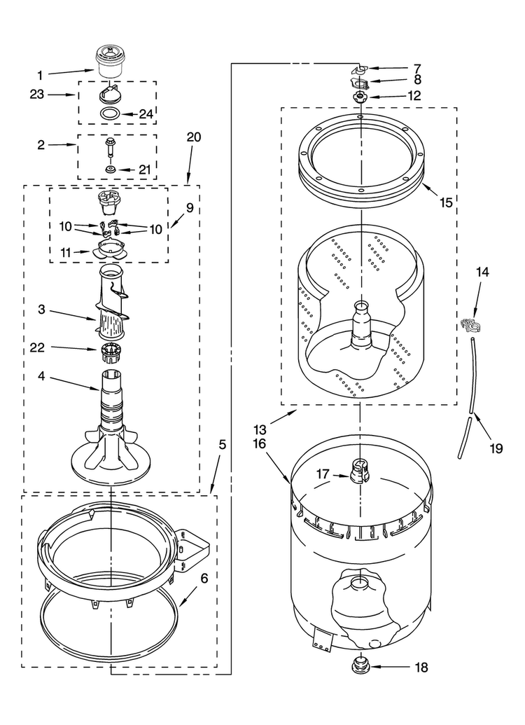 Agitator, Basket And Tub Parts Diagram and Parts List for 7MMPM0060VM1  Maytag Washer