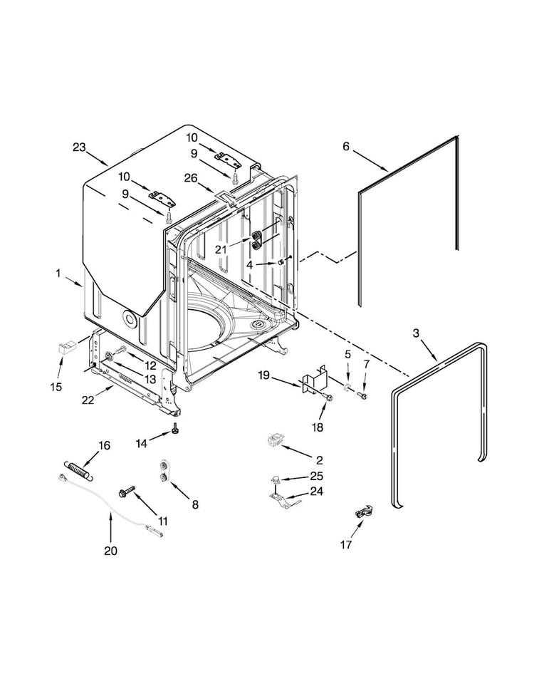 Tub And Frame Parts Diagram and Parts List for ADB1700ADB1  Amana Dishwasher