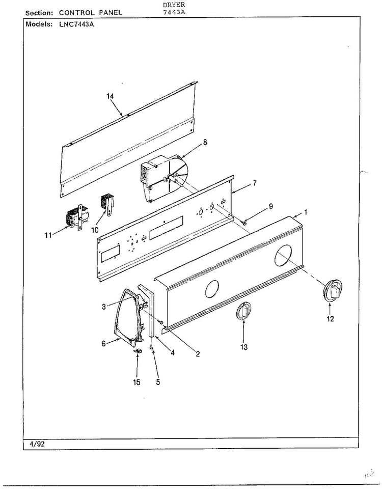 Control Panel Diagram and Parts List for 7443A  Norge Dryer