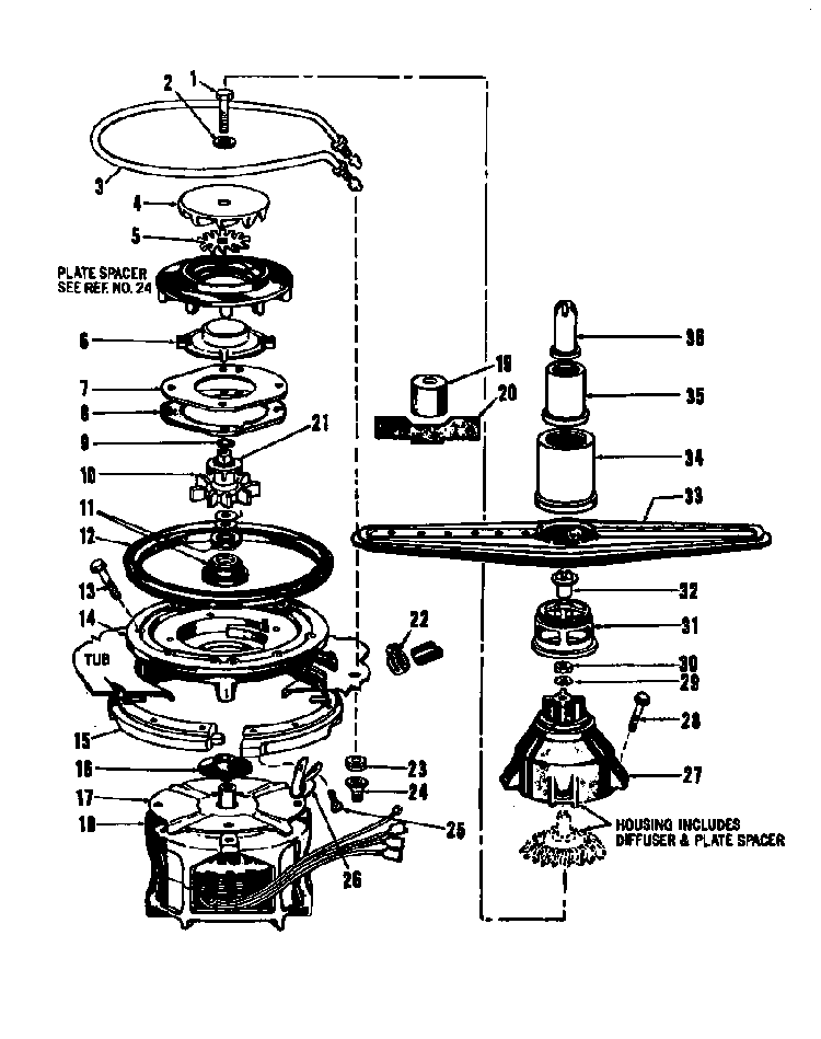 Motor, Pump & Spray Arm Details Diagram and Parts List for DCR-225-1C-OM  Caloric Dishwasher