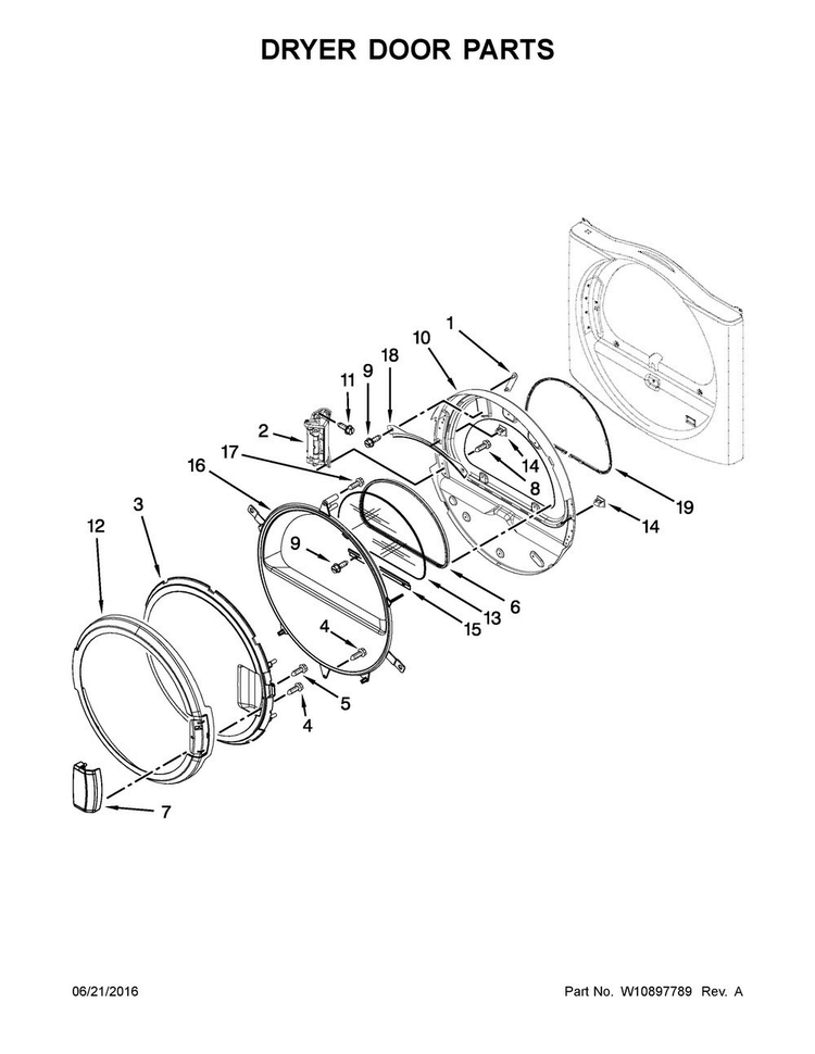 Dryer Door Parts Diagram and Parts List for MLE20PDCZW0  Maytag Washer Dryer Combo