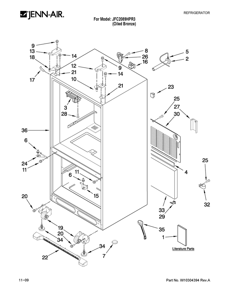 Cabinet Parts Diagram and Parts List for JFC2089HPR3  Jenn-Air Refrigerator