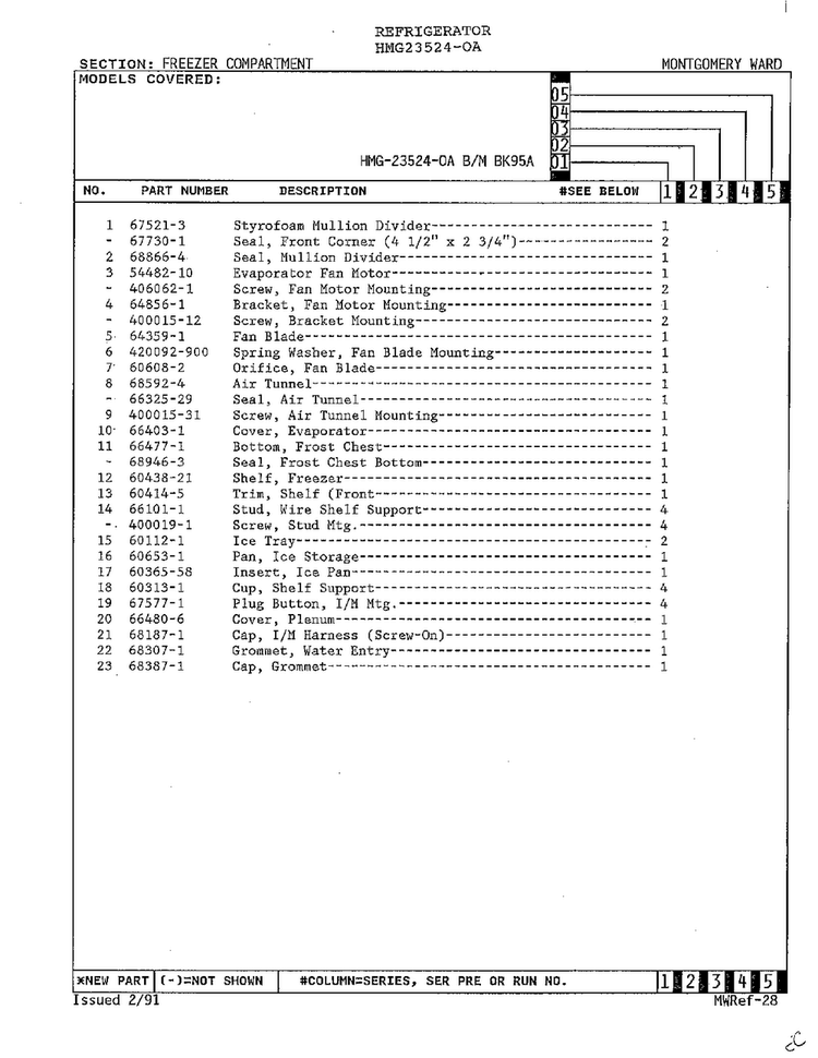 Freezer Compartment Diagram and Parts List for 23524-0A  Admiral Refrigerator