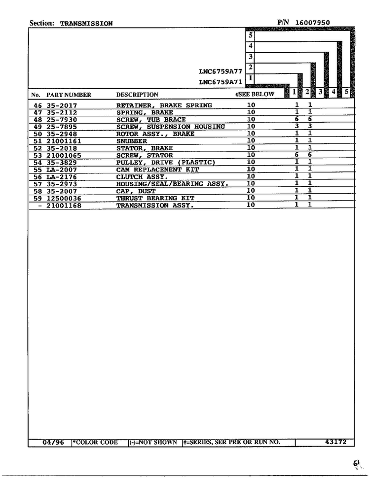 Transmission Page 3 Diagram and Parts List for LNC6759A71  Admiral Washer