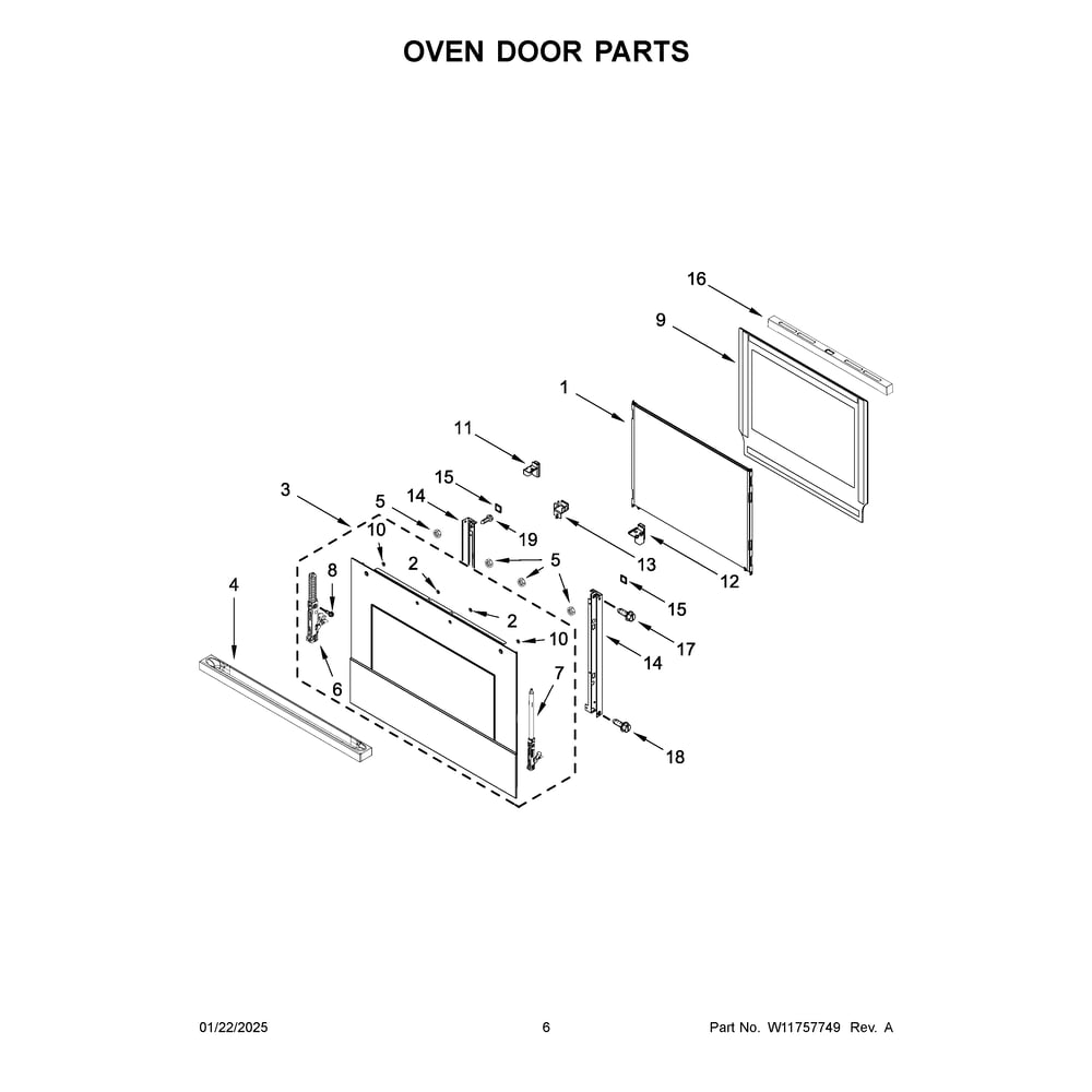 Oven Door Parts Diagram and Parts List for JOECC730RM00  Jenn-Air Microwave Oven Combo