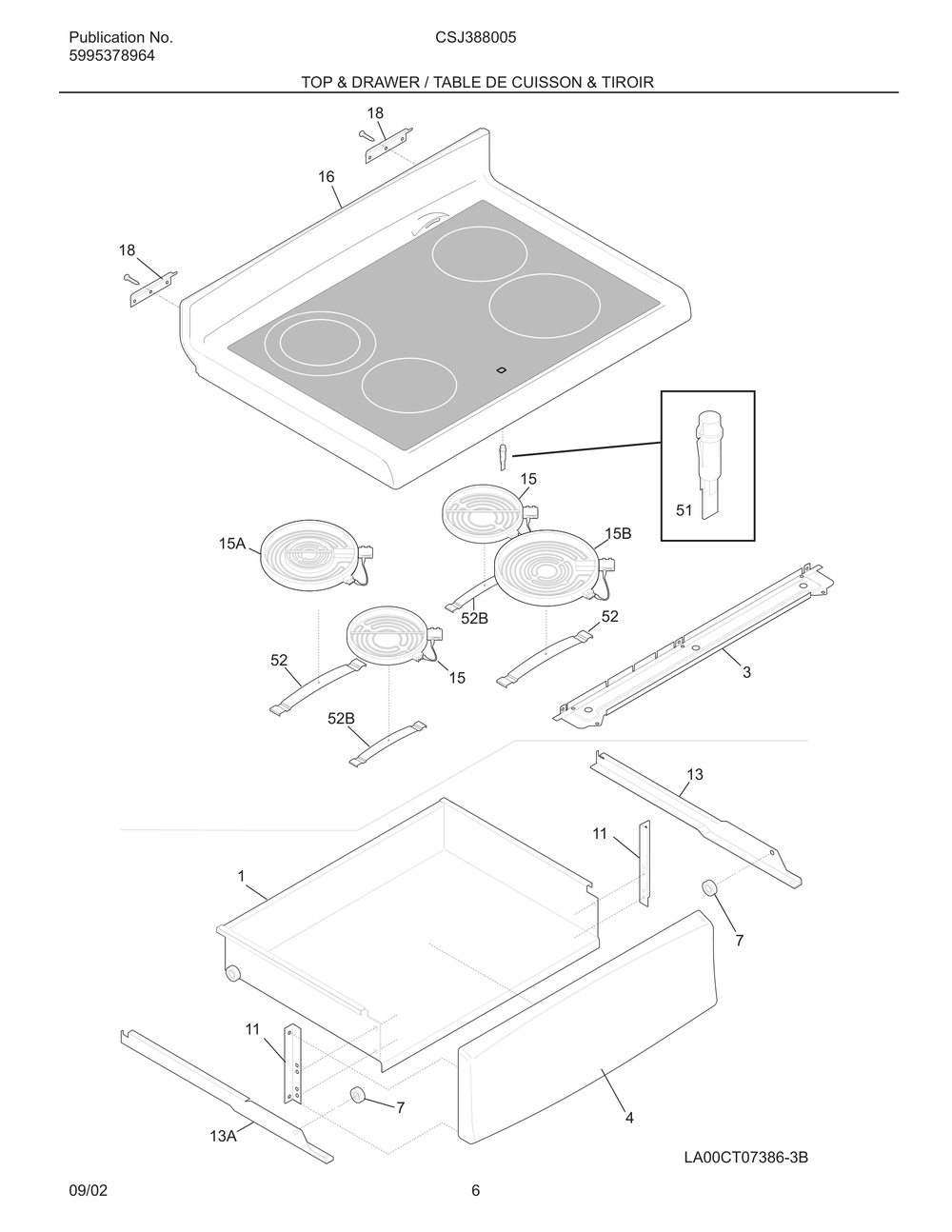 Top And Drawer / Table De Cuisson And Tiroir Diagram and Parts List for CSJ388005  Maytag Range