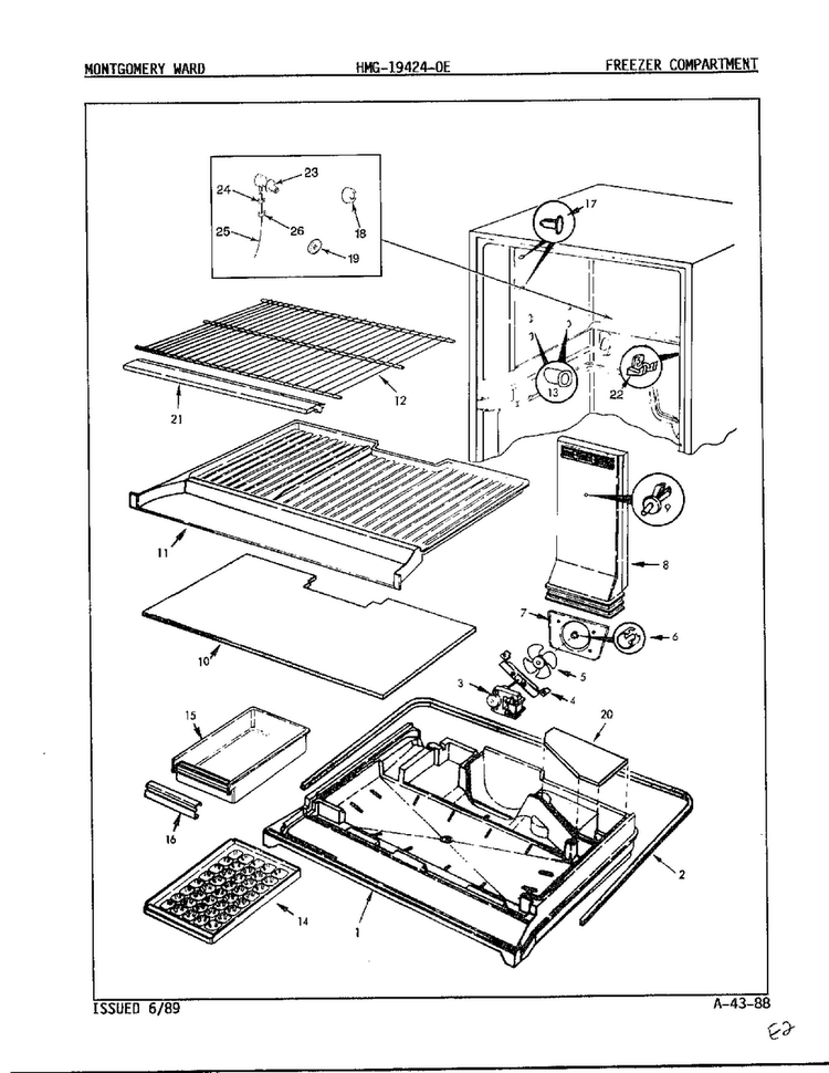 Freezer Compartment Diagram and Parts List for 19424E  Admiral Refrigerator
