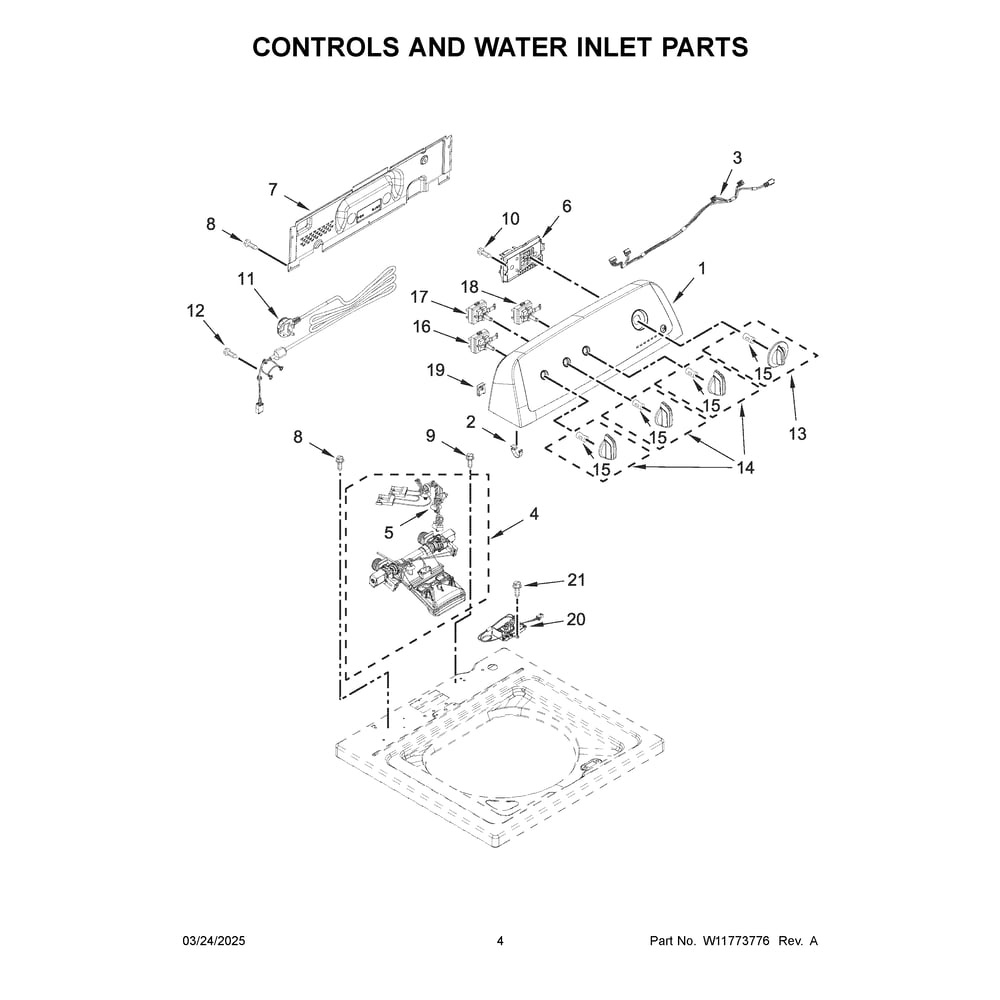 Controls And Water Inlet Parts Diagram and Parts List for 4KNTW3200JW2  Amana Washer
