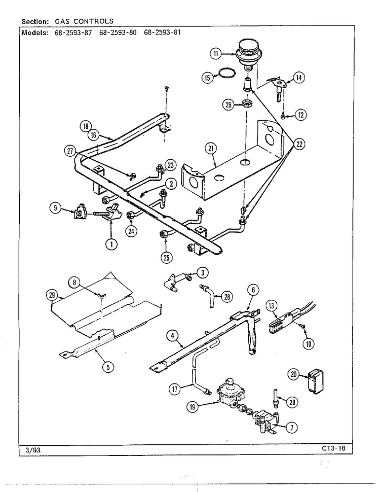Gas Controls Diagram and Parts List for 68-2593-81  Magic Chef Range