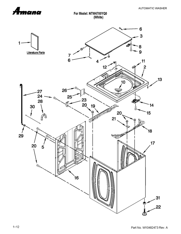 Top And Cabinet Parts Diagram and Parts List for NTW4700YQ0  Amana Washer