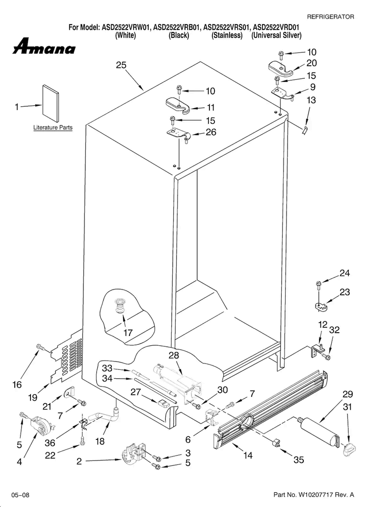 Cabinet Parts Diagram and Parts List for ASD2522VRB01  Amana Refrigerator