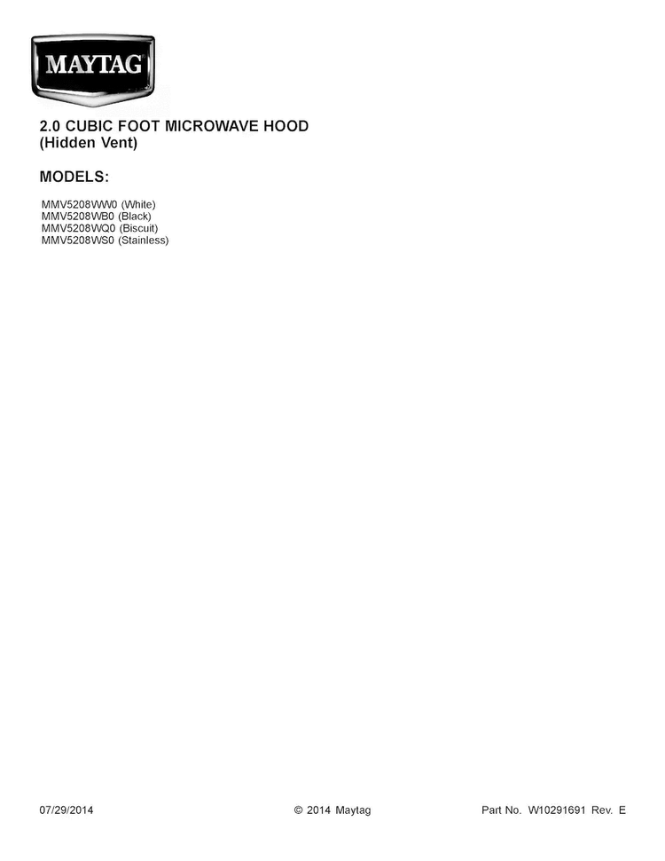 Cover Sheet Diagram and Parts List for MMV5208WB0  Maytag Microwave