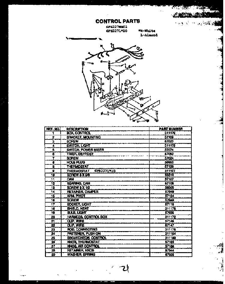 Control Parts Diagram and Parts List for GFS207 MN01 Caloric Refrigerator