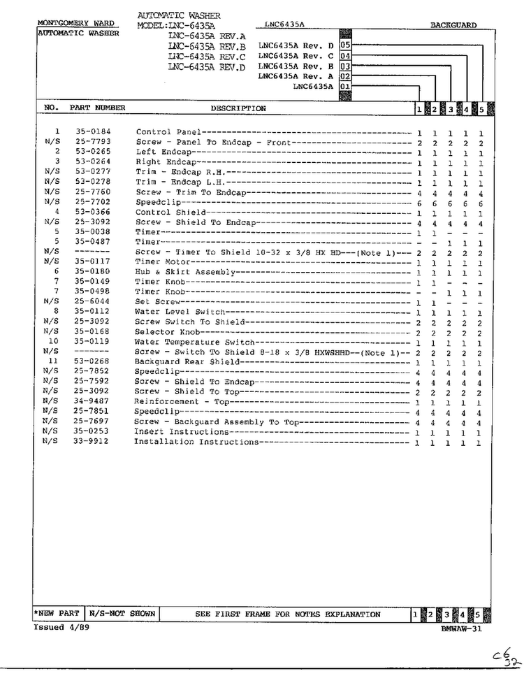 Backguard Page 2 Diagram and Parts List for 6435A  Norge Washer