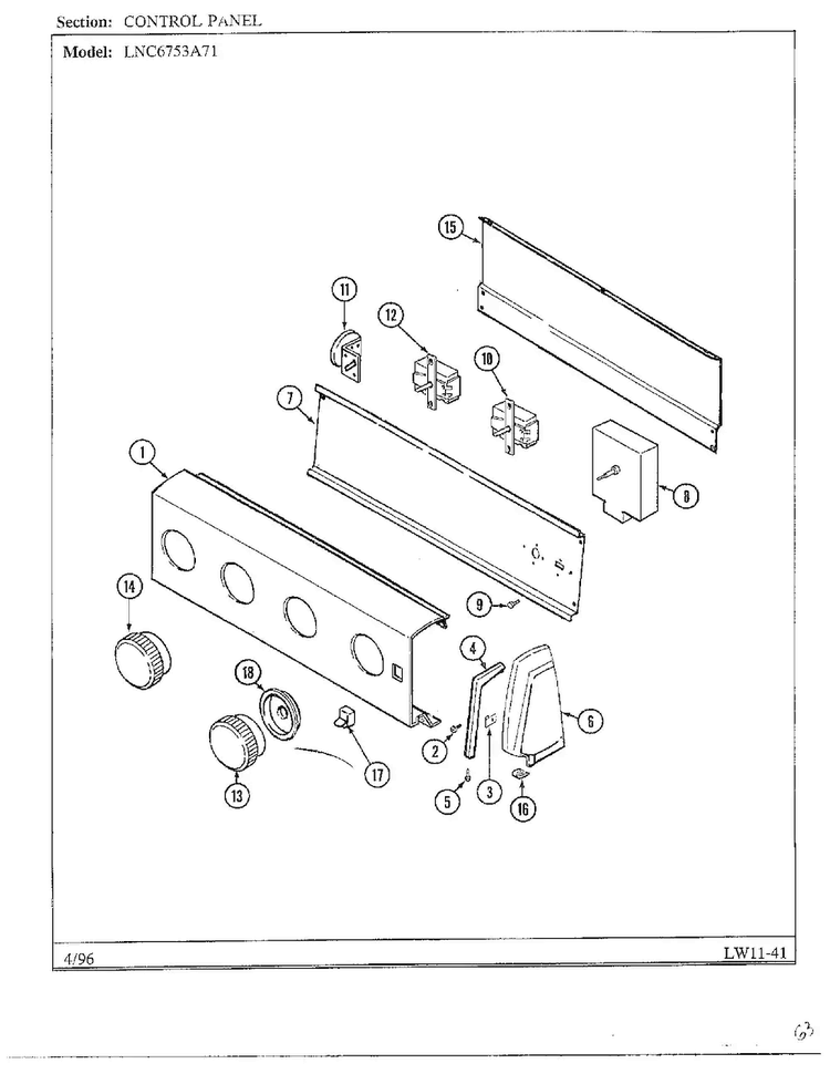 Control Panel Diagram and Parts List for LNC6753A71  Admiral Washer