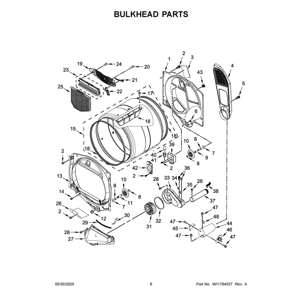 Bulkhead Parts Diagram and Parts List for MGD6230RHW4  Maytag Dryer