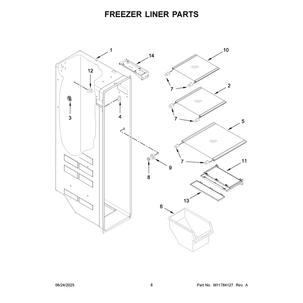 Freezer Liner Parts Diagram and Parts List for MSS25C4MGW07  Maytag Refrigerator