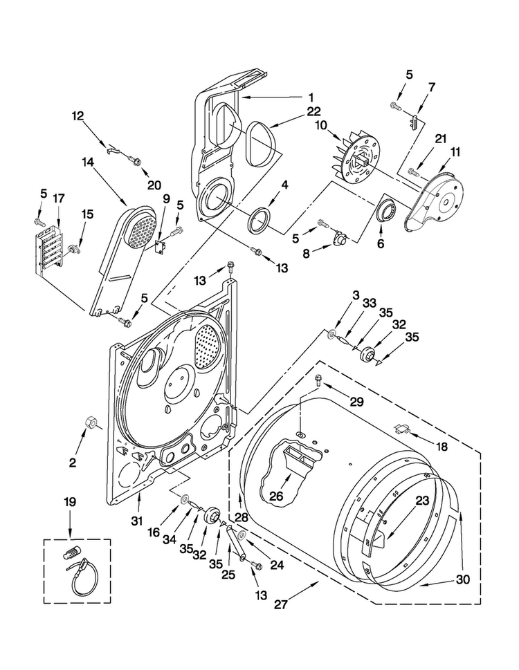Bulkhead Parts Diagram and Parts List for NED4500VQ2  Amana Dryer