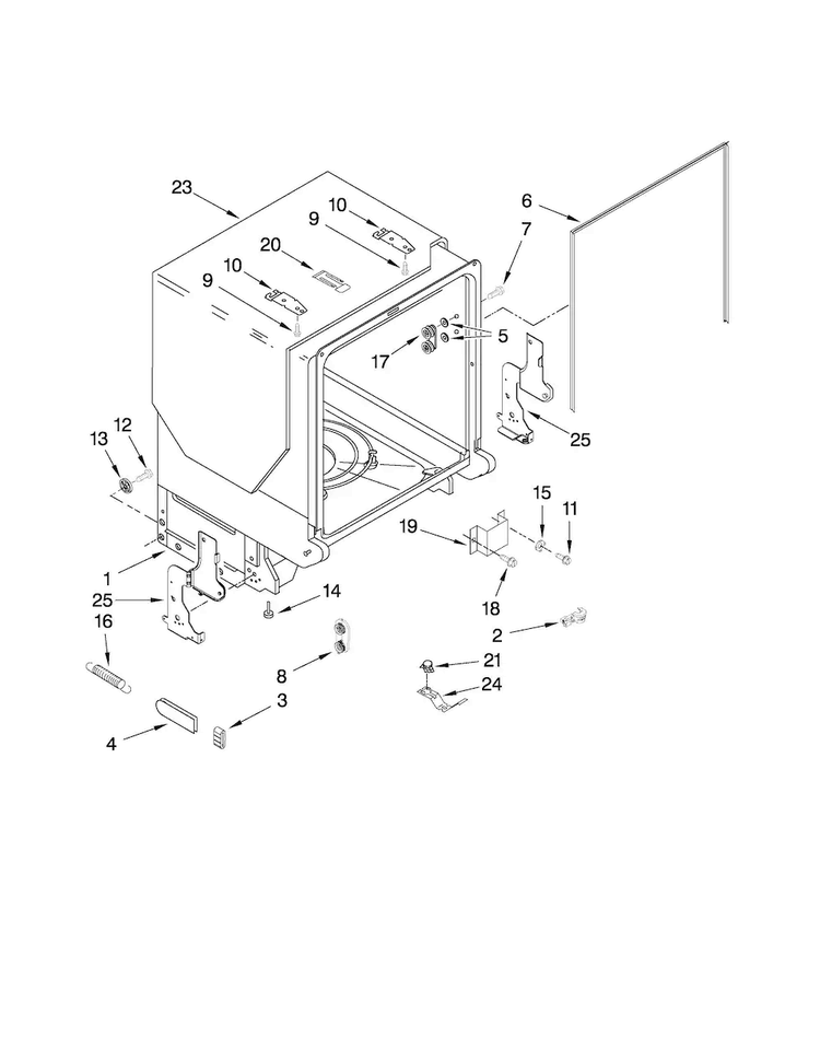 Tub And Frame Parts Diagram and Parts List for ADB1600AWB0  Amana Dishwasher