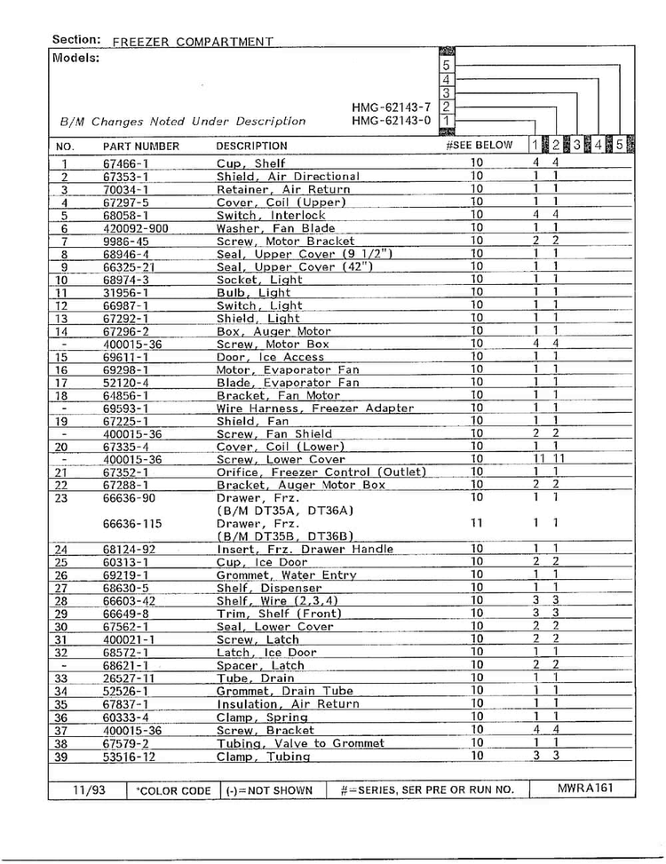 Freezer Compartment Diagram and Parts List for 62143-0A  Admiral Refrigerator