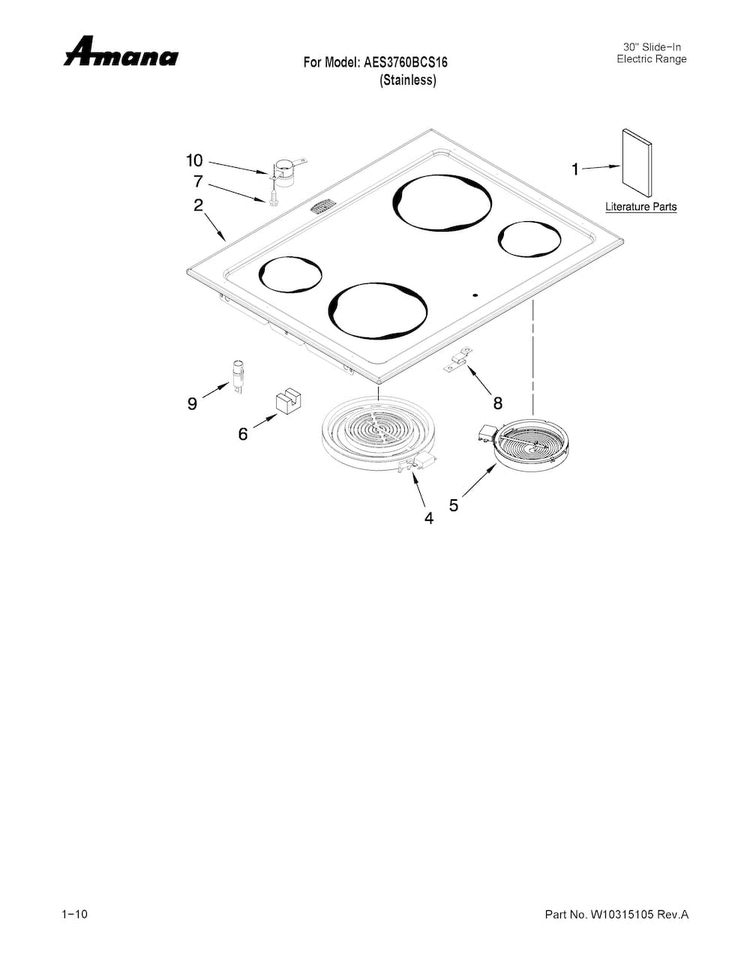 Cooktop Parts Diagram and Parts List for AES3760BCS16  Amana Range