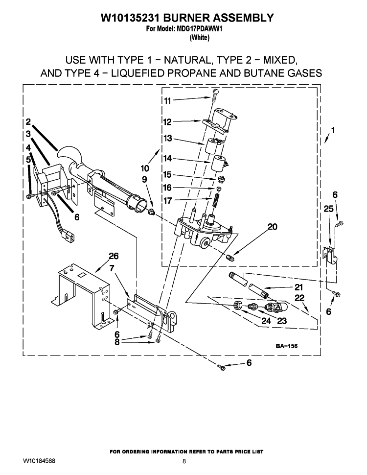 W10135231 BURNER ASSEMBLY Diagram and Parts List for MDG17PDAWW1  Maytag Dryer