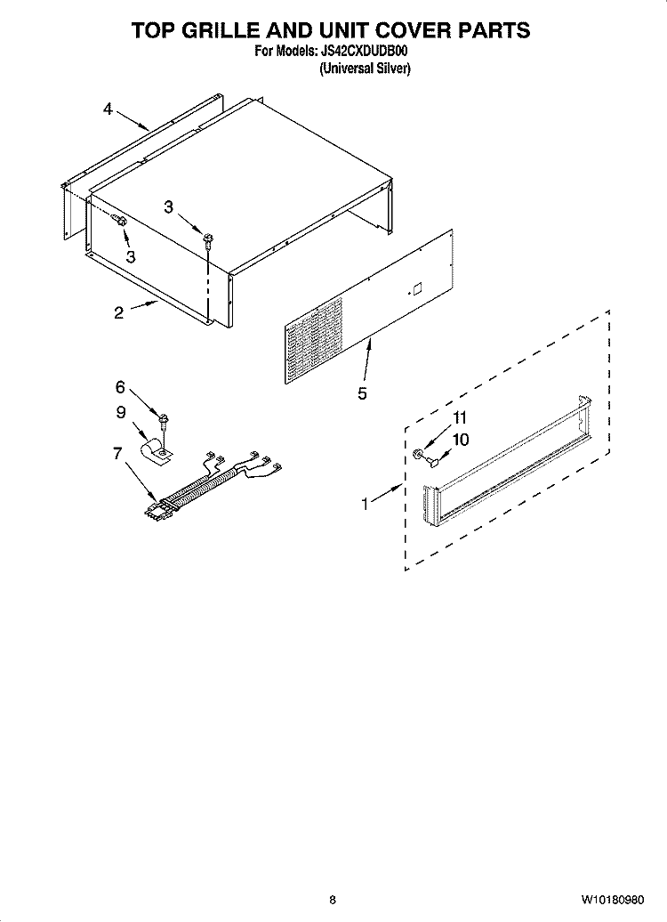 TOP GRILLE AND UNIT COVER PARTS Diagram and Parts List for JS42CXDUDB00  Jenn-Air Refrigerator