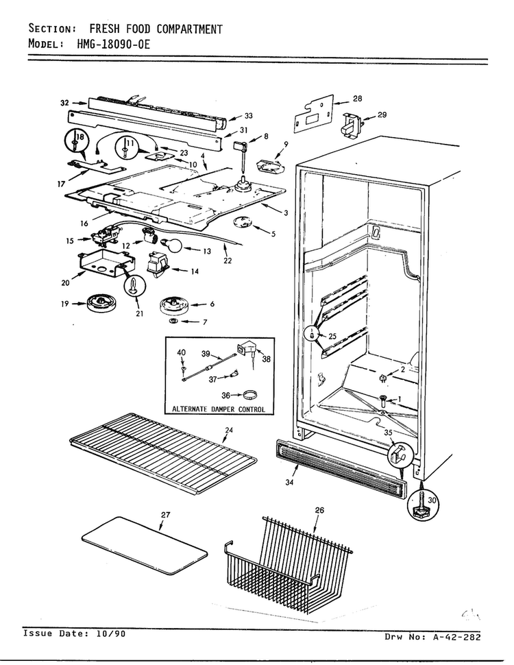Fresh Food Compartment Diagram and Parts List for 18090-OA  Admiral Refrigerator