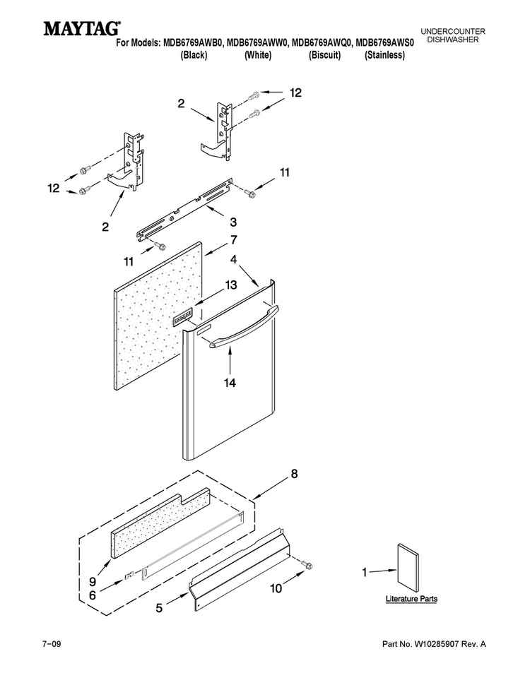 Door And Panel Parts Diagram and Parts List for MDB6769AWB0  Maytag Dishwasher