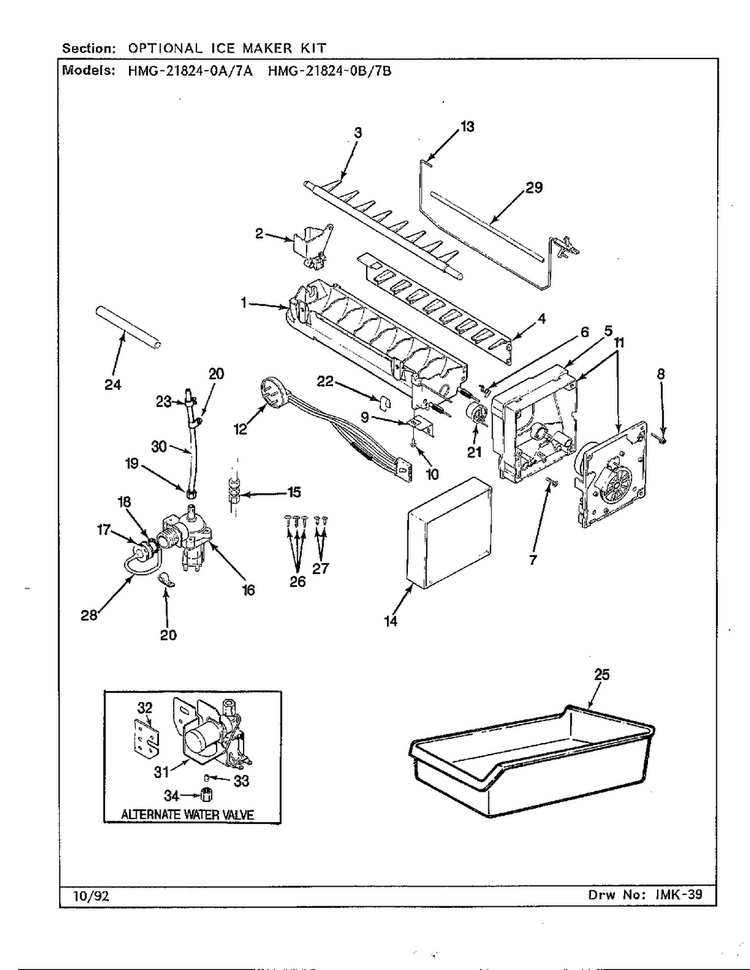 Optional Ice Maker Kit Diagram and Parts List for 21824-0A  Admiral Refrigerator