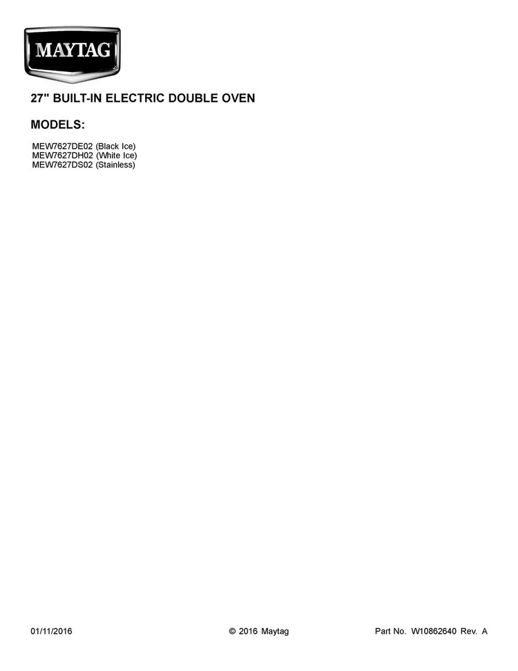 Cover Sheet Diagram and Parts List for MEW7627DS02  Maytag Wall Oven