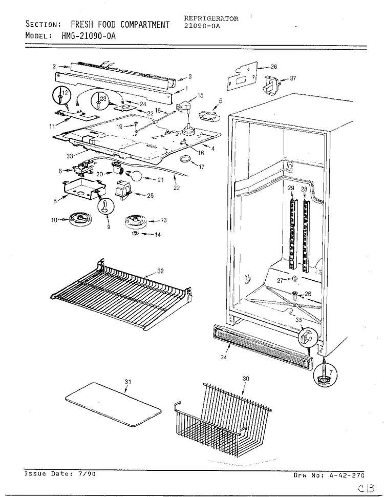 Fresh Food Compartment Diagram and Parts List for 21090-0A  Admiral Refrigerator