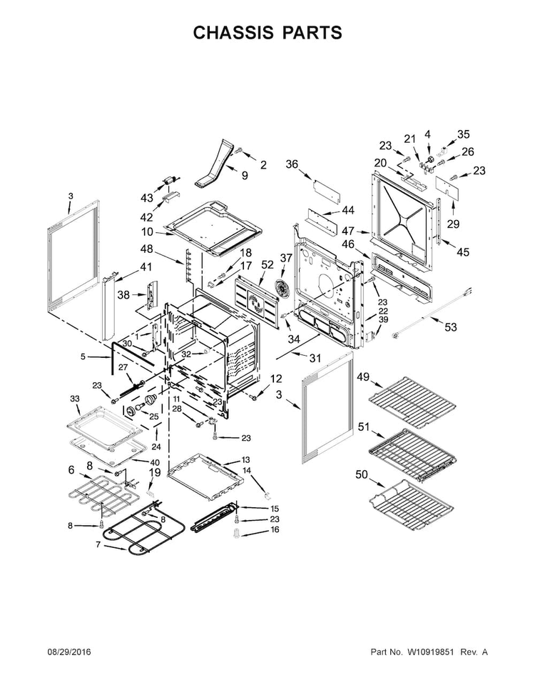 Chassis Parts Diagram and Parts List for JES1450CDS1  Jenn-Air Range