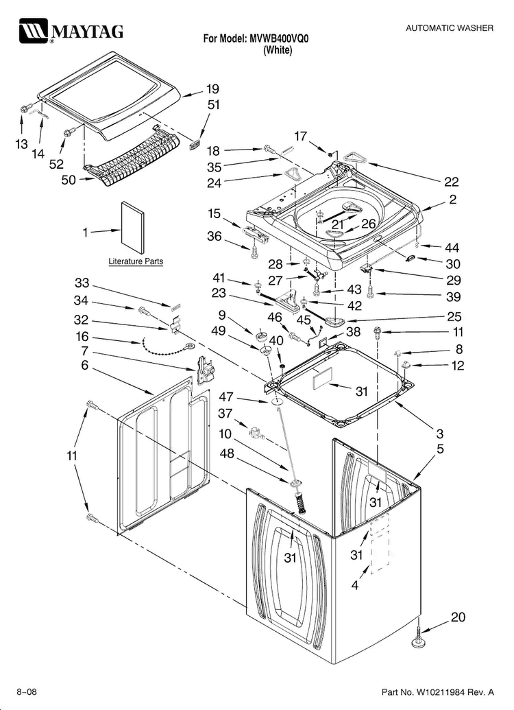 Top And Cabinet Parts Diagram and Parts List for MVWB400VQ0  Maytag Washer